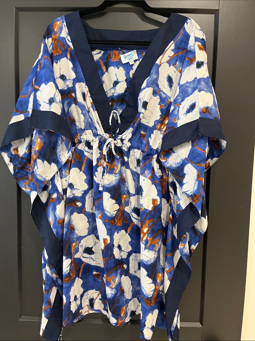 Blue Floral Tie-Front Tunic with Navy Trim